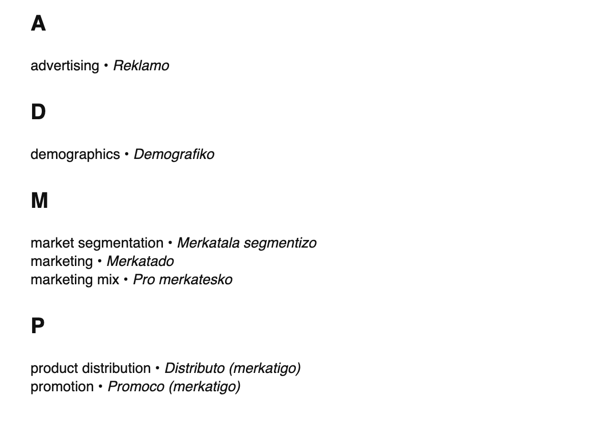 Marketing terms in Ido