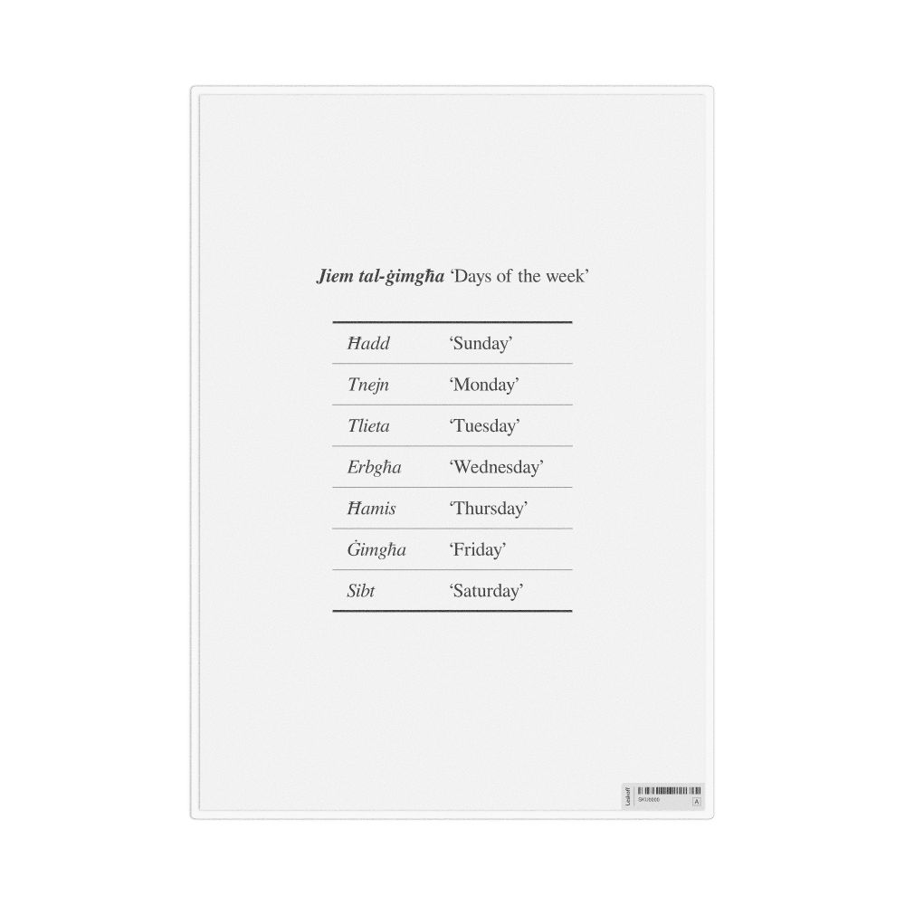 Leskoff Days of the Week in Maltese, Desk Chart, 8.3 x 11.7 in (21.0 x 29.7 cm), image 1 of 1