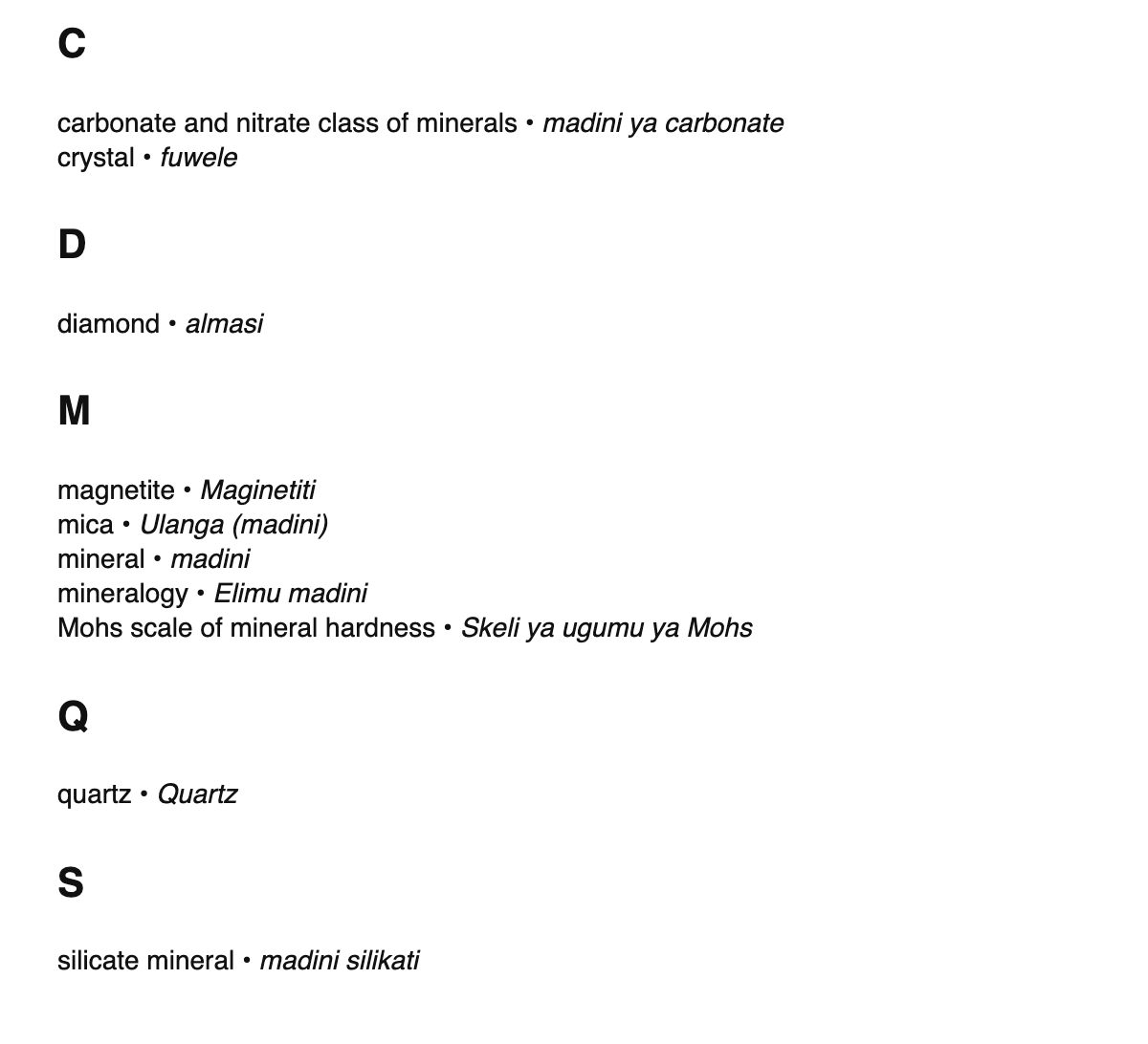 Mineralogy terms in Swahili