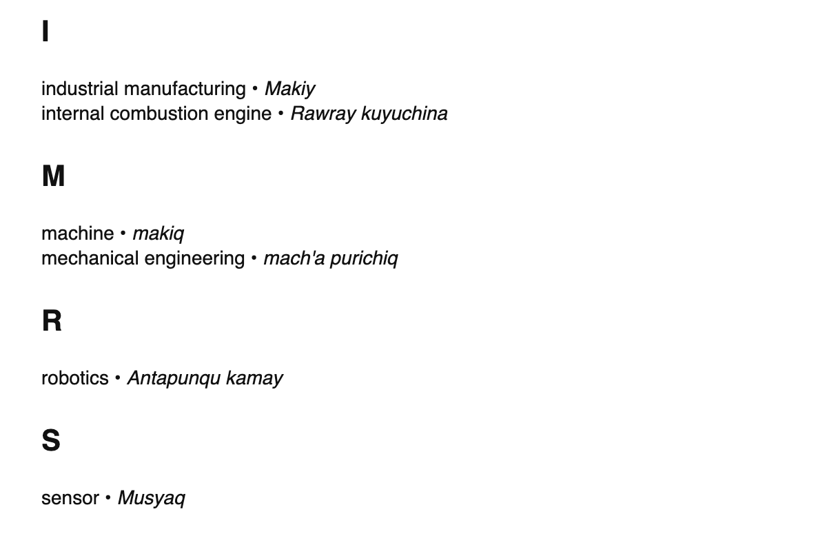 Mechanical engineering terms in Quechua