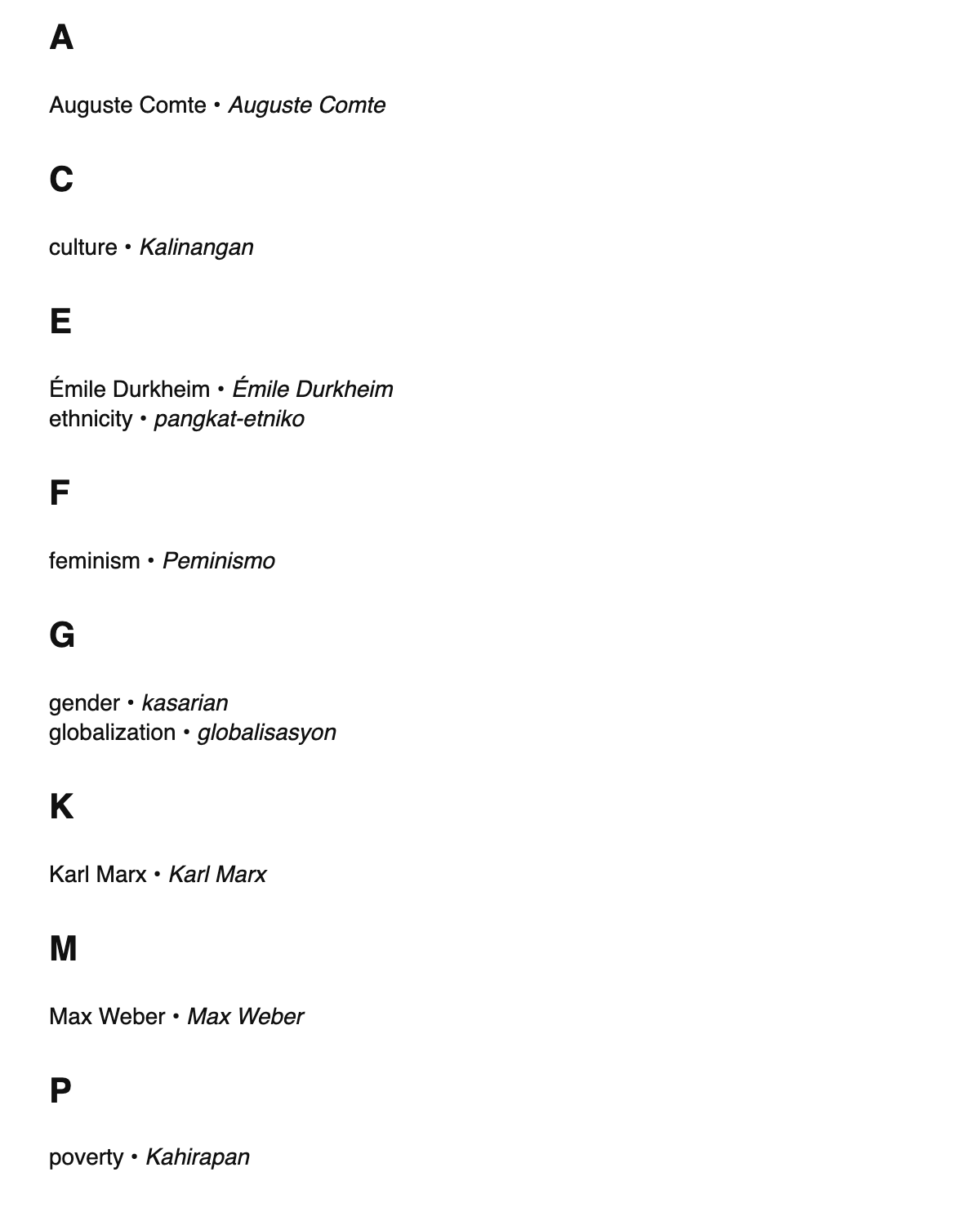 Sociology terms in Tagalog
