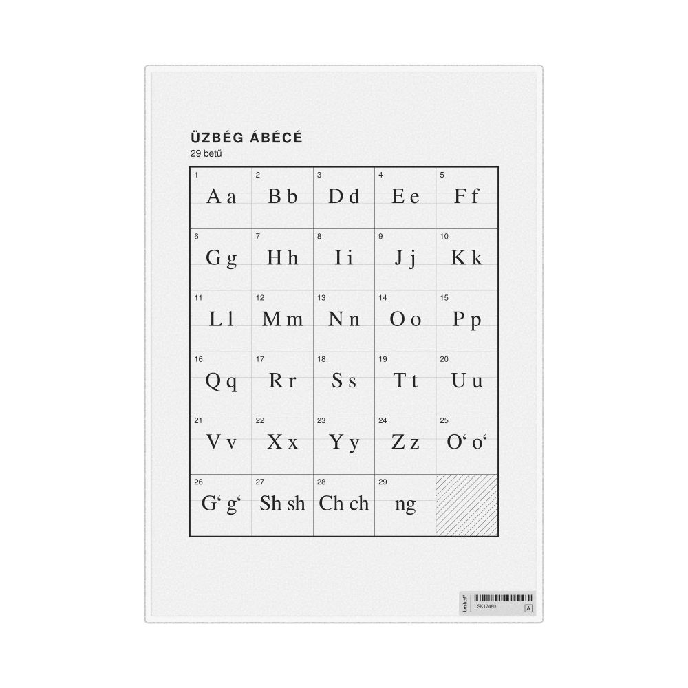 Leskoff Uzbek Alphabet Chart, 8.3 x 11.7 in (21.0 x 29.7 cm, Desk Chart, Laminated), Hungarian-Labeled, image 1 of 2