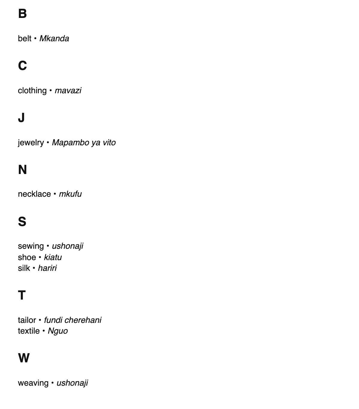 Fashion design terms in Swahili
