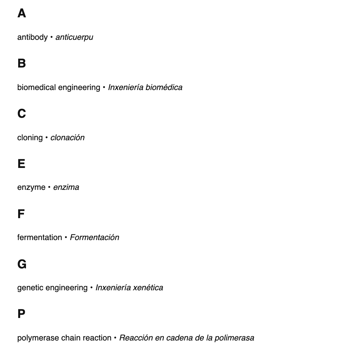 Bioengineering terms in Asturian