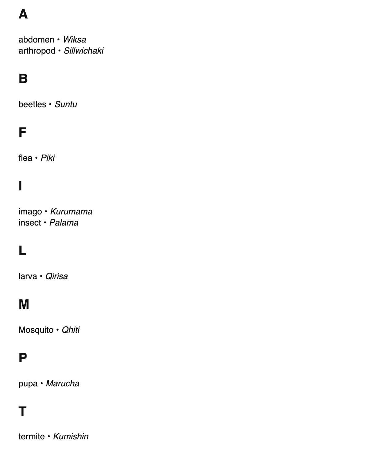 Entomology terms in Quechua
