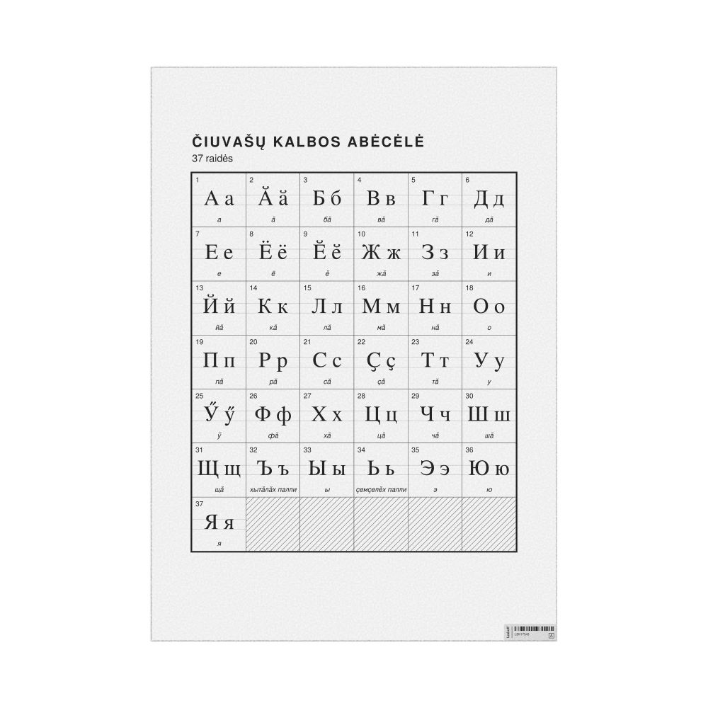 Leskoff Chuvash Alphabet Chart, 23.4 x 33.1 in (59.4 x 84.1 cm, Poster / Wall Chart), Lithuanian-Labeled, image 1 of 2