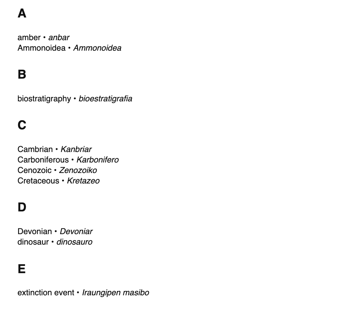Paleontology terms in Basque