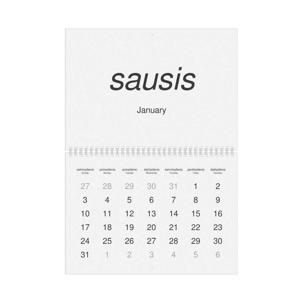 Leskoff 2027 Wall Calendar, Lithuanian/English-Labeled, Sunday-Start Layout, Wire-Bound, 11.7 x 8.3 in (29.7 x 21.0 cm), image 1 of 1
