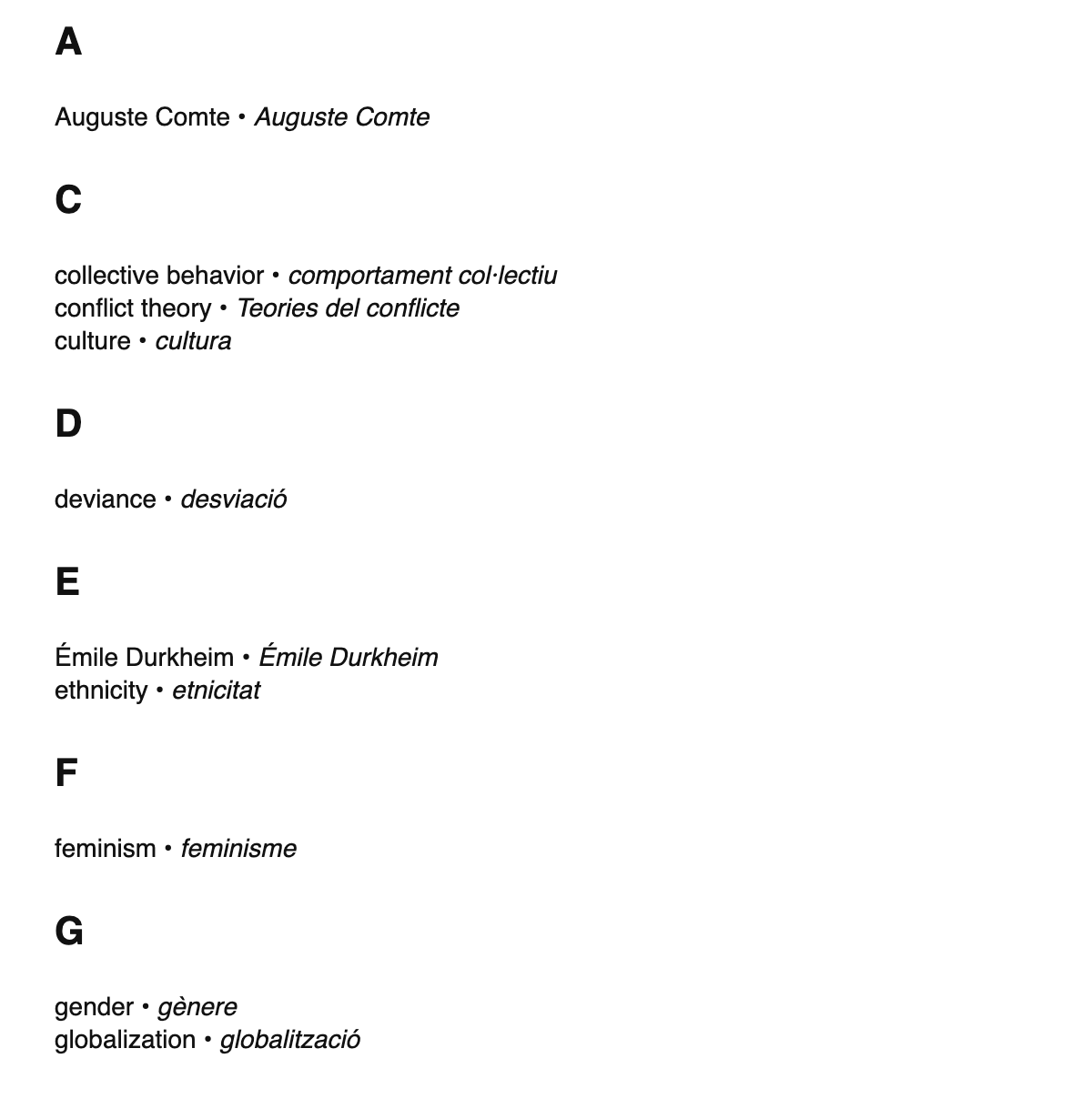 Sociology terms in Catalan