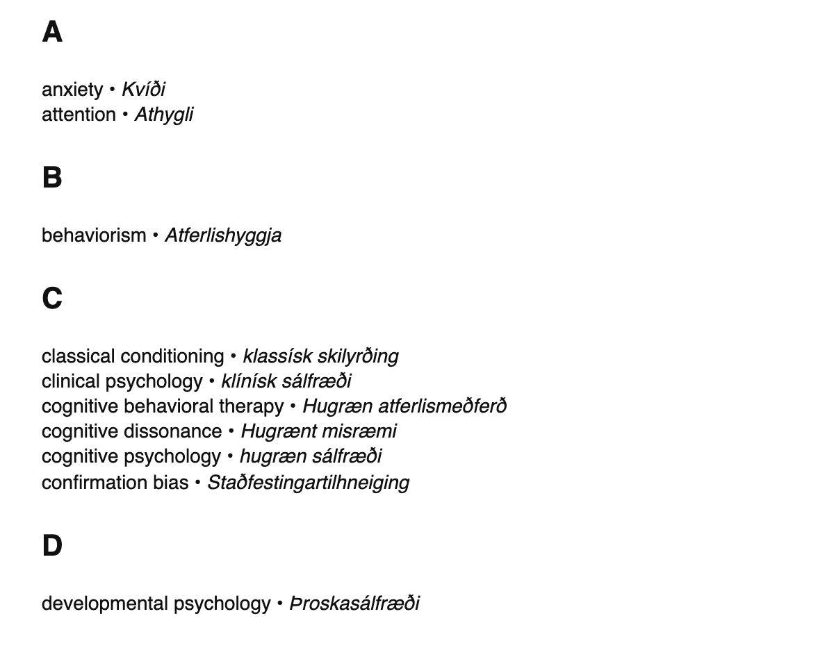 Psychology terms in Icelandic