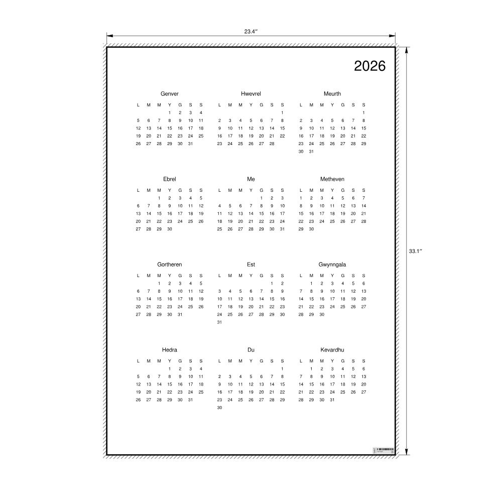 Leskoff 2026 Wall Calendar, Cornish-Labeled, Monday-Start Layout, Poster / Wall Print, 23.4 x 33.1 in (59.4 x 84.1 cm), image 2 of 2