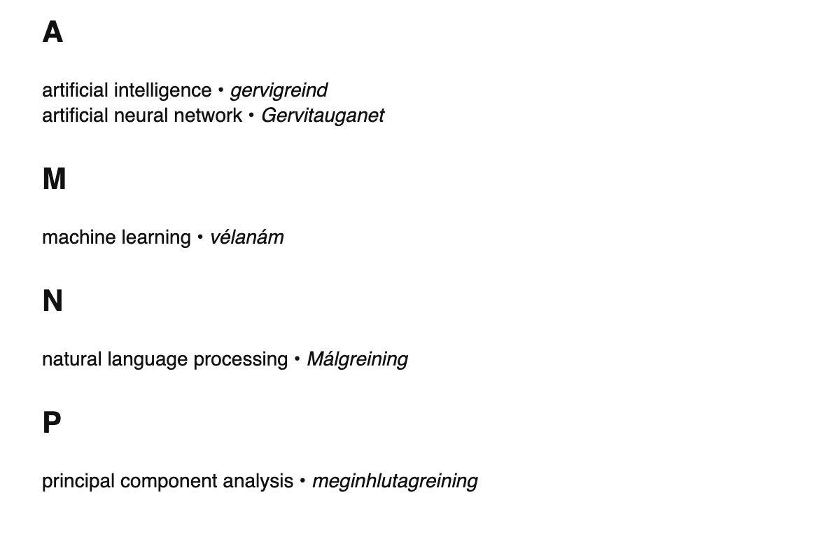 AI/ML terms in Icelandic