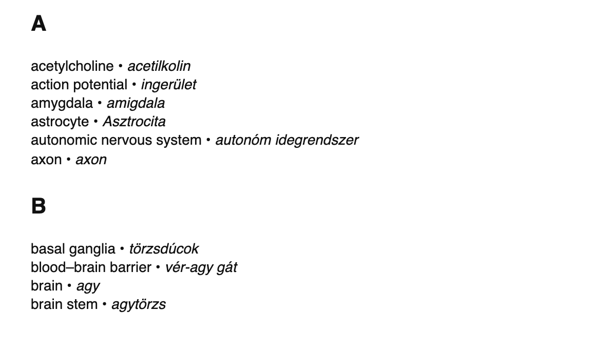 Neuroscience terms in Hungarian