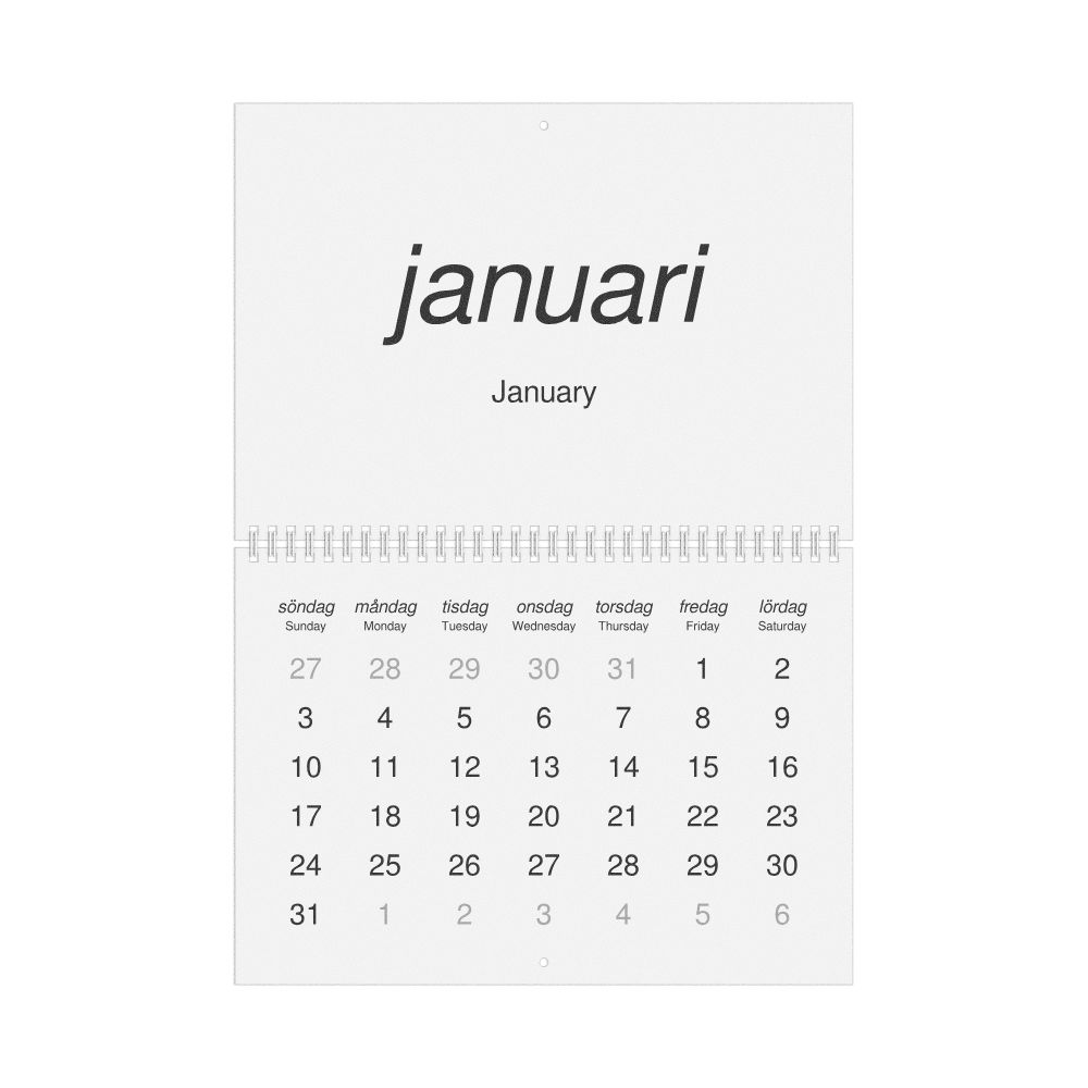 Leskoff 2027 Wall Calendar, Swedish/English-Labeled, Sunday-Start Layout, Wire-Bound, 11.7 x 8.3 in (29.7 x 21.0 cm), image 1 of 1