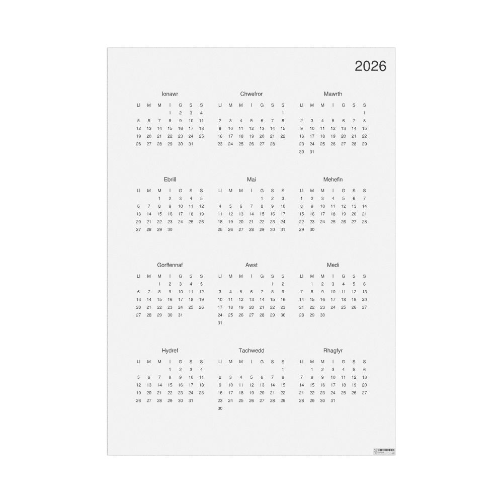 Leskoff 2026 Wall Calendar, Welsh-Labeled, Monday-Start Layout, Poster / Wall Print, 23.4 x 33.1 in (59.4 x 84.1 cm), image 1 of 1