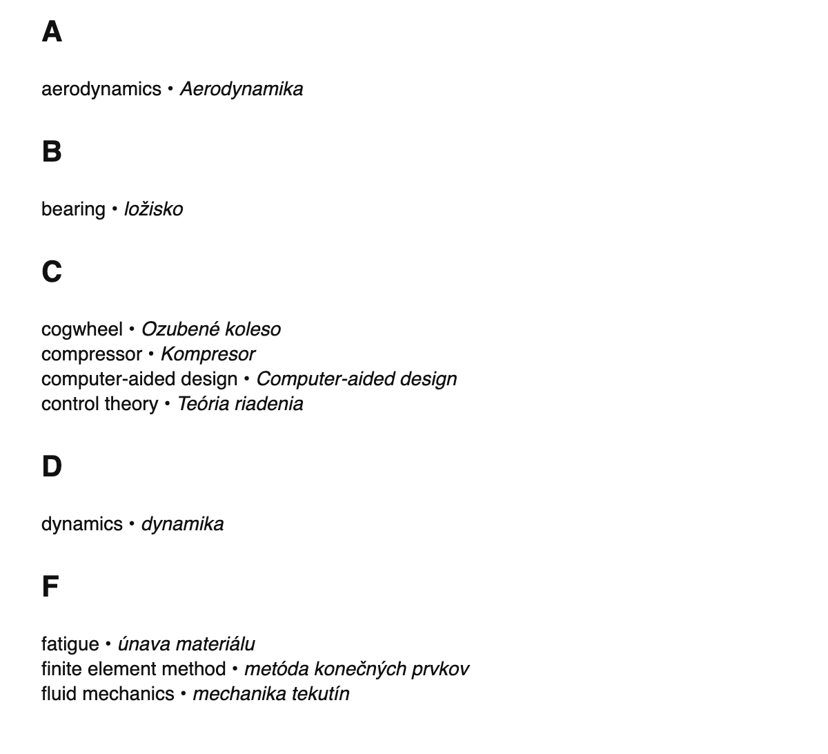 Mechanical engineering terms in Slovak