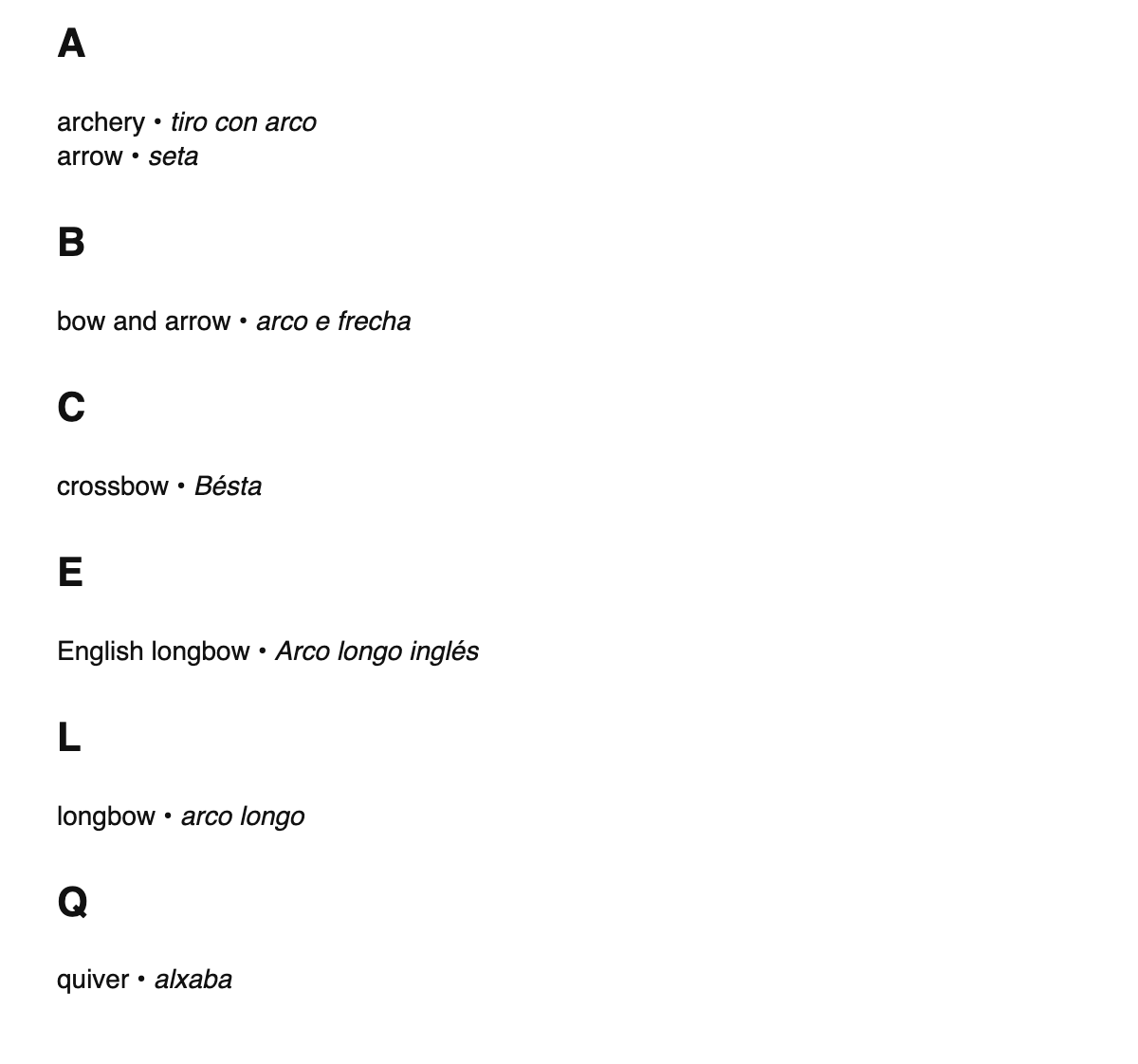 Archery terms in Galician