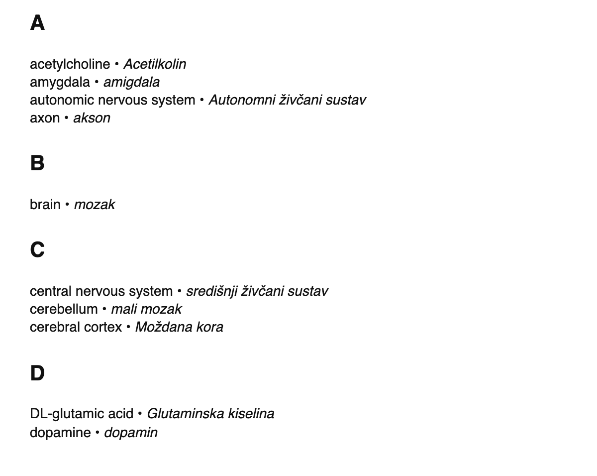 Neuroscience terms in Croatian