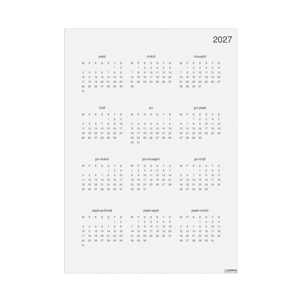 Leskoff 2027 Wall Calendar, Nheengatu-Labeled, Sunday-Start Layout, Poster / Wall Print, 23.4 x 33.1 in (59.4 x 84.1 cm), image 1 of 1