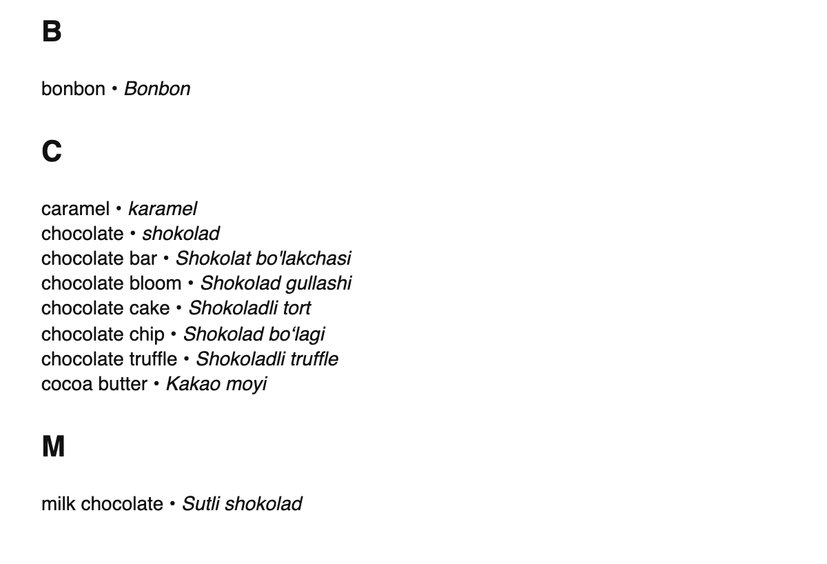 Chocolate terms in Uzbek