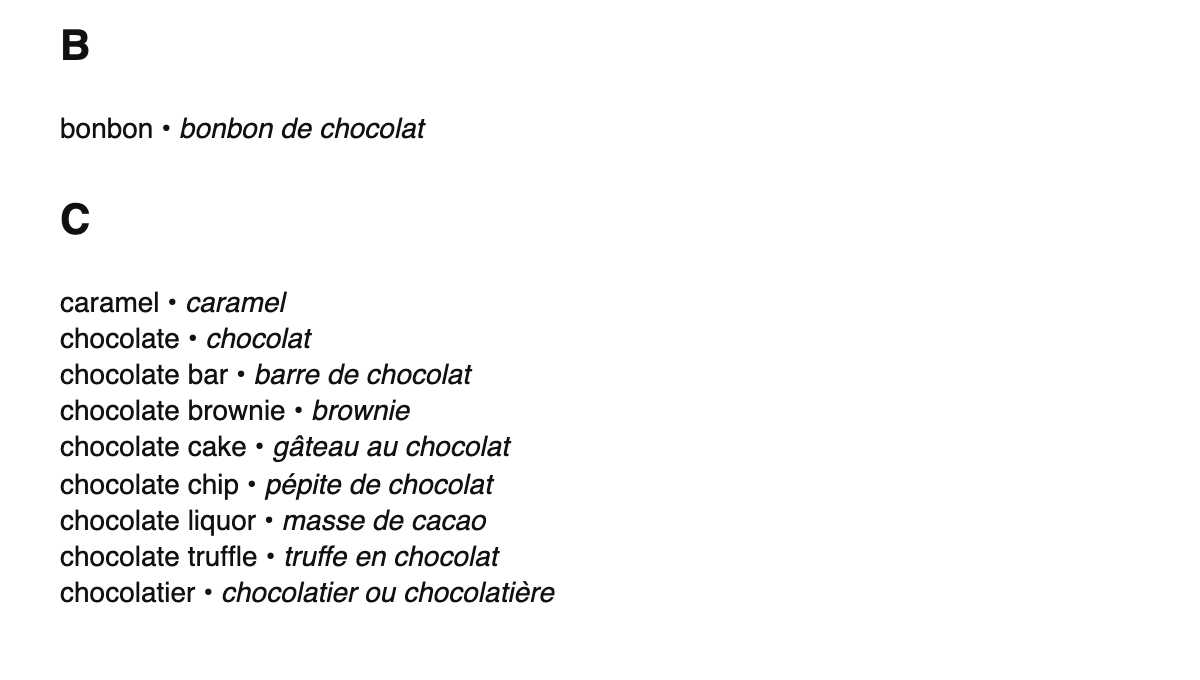 Chocolate terms in French