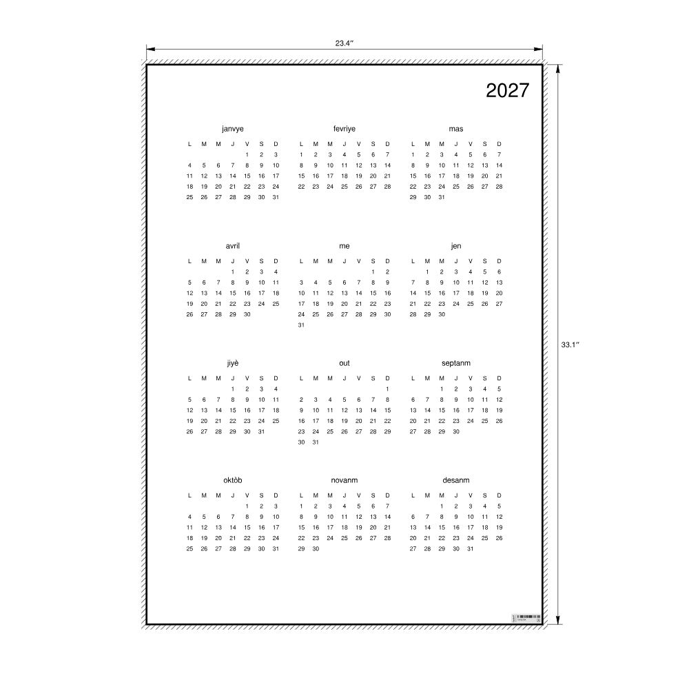 Leskoff 2027 Wall Calendar, Haitian Creole-Labeled, Monday-Start Layout, Poster / Wall Print, 23.4 x 33.1 in (59.4 x 84.1 cm), image 2 of 2