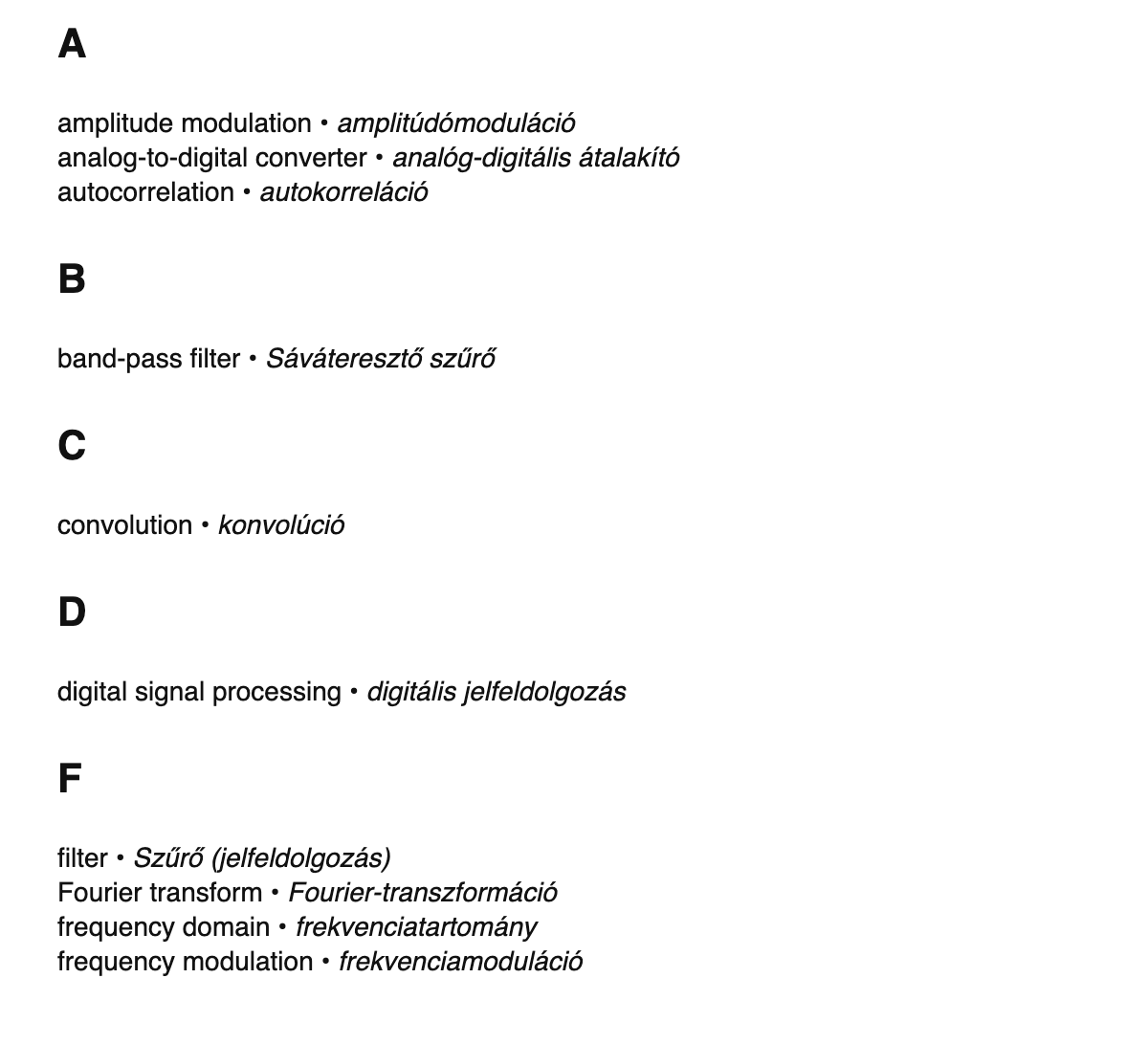 Digital signal processing terms in Hungarian