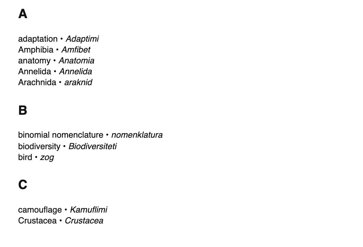 Zoology terms in Albanian