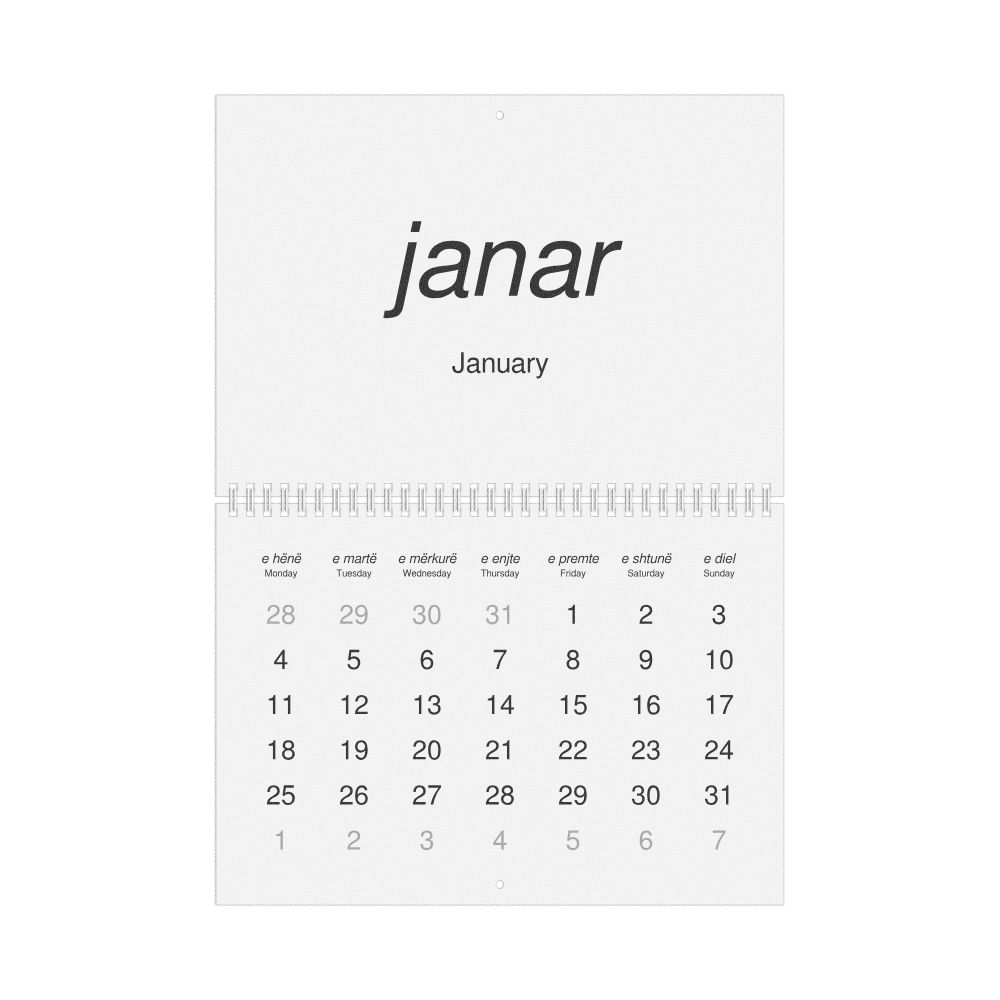 Leskoff 2027 Wall Calendar, Albanian/English-Labeled, Monday-Start Layout, Wire-Bound, 11.7 x 8.3 in (29.7 x 21.0 cm), image 1 of 1