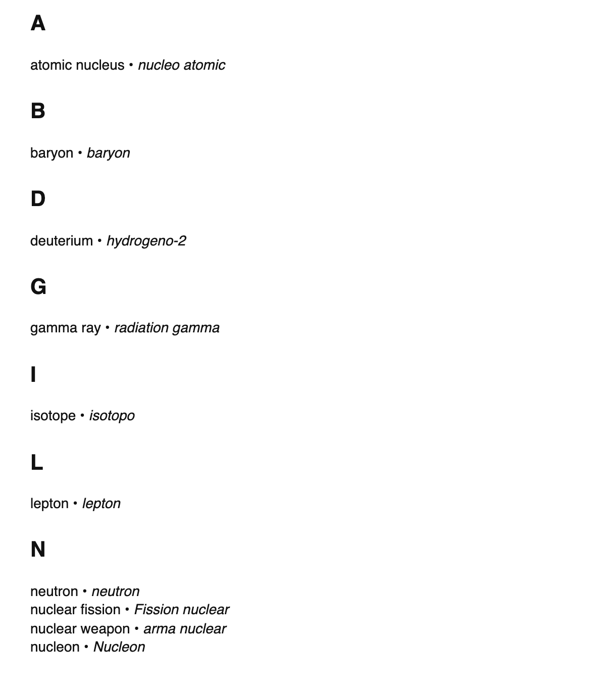 Nuclear physics terms in Interlingua