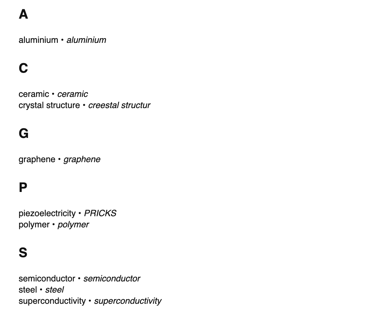 Materials science terms in Scots