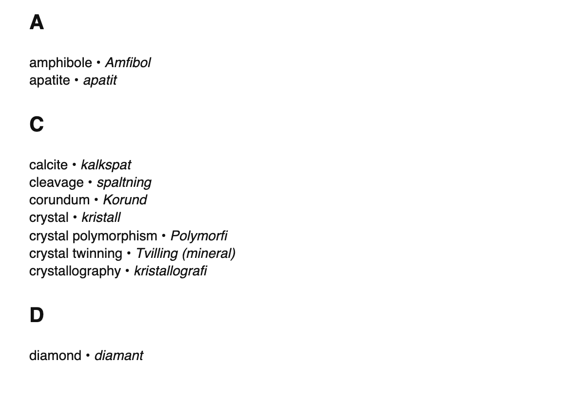 Mineralogy terms in Swedish