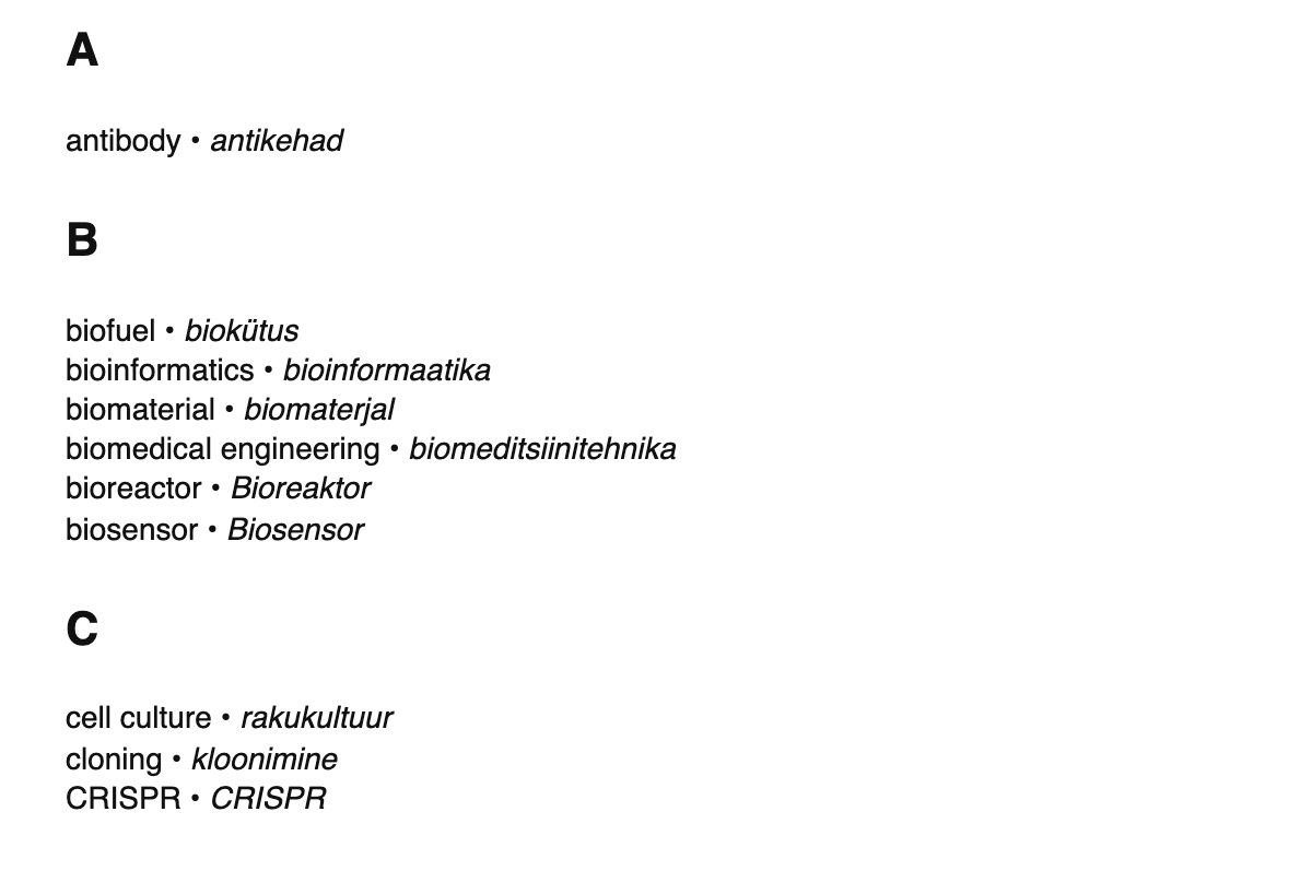 Bioengineering terms in Estonian