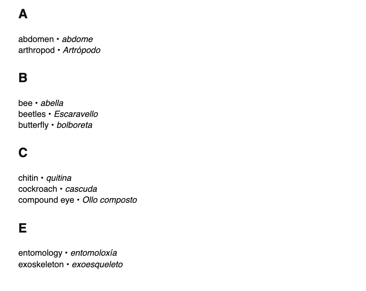 Entomology terms in Galician