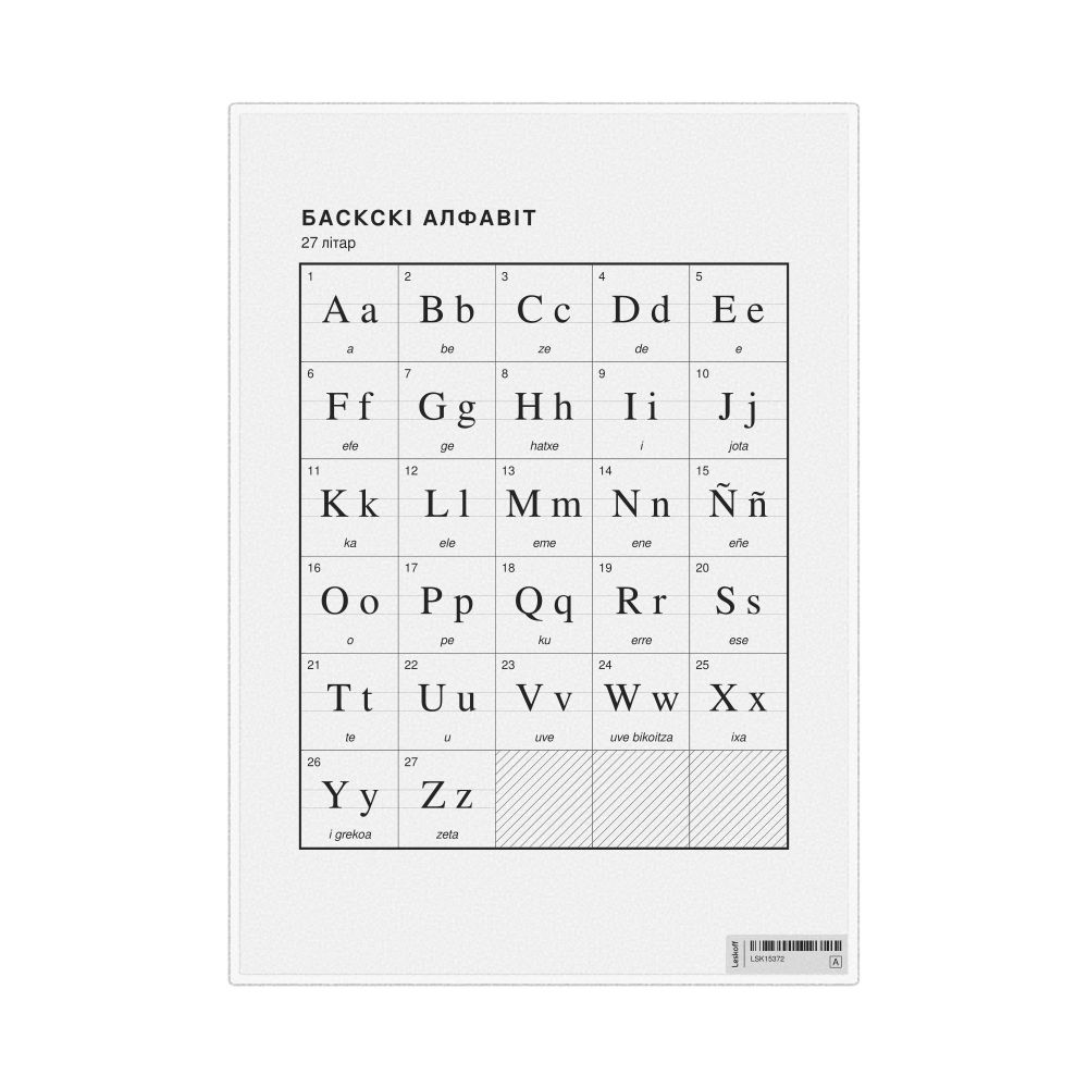 Leskoff Basque Alphabet Chart, 8.3 x 11.7 in (21.0 x 29.7 cm, Desk Chart, Laminated), Belarusian-Labeled, image 1 of 2