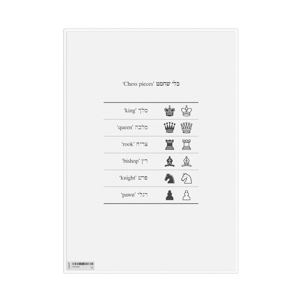 Leskoff Chess Pieces in Hebrew, Desk Chart, 8.3 x 11.7 in (21.0 x 29.7 cm), image 1 of 1