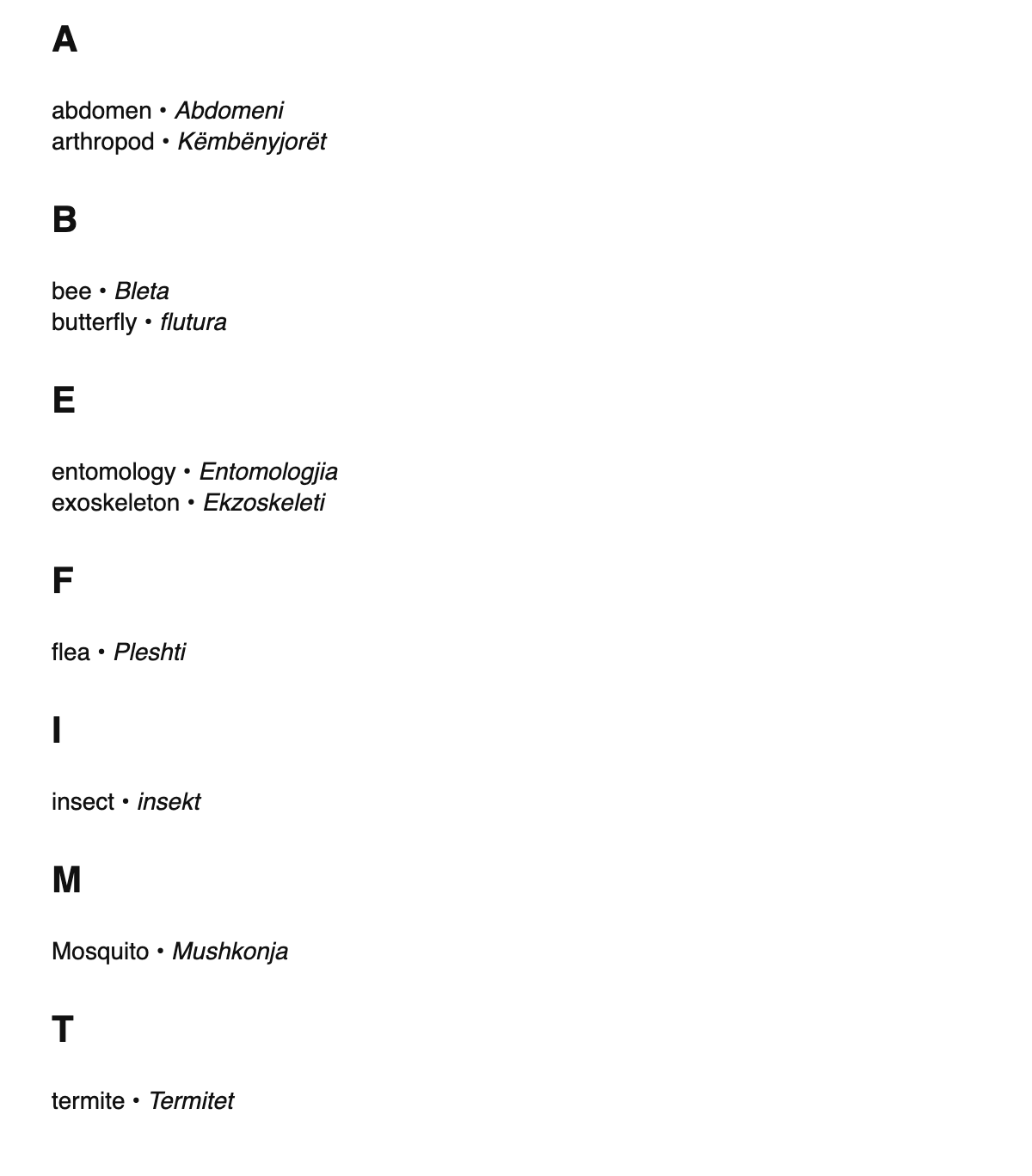 Entomology terms in Albanian