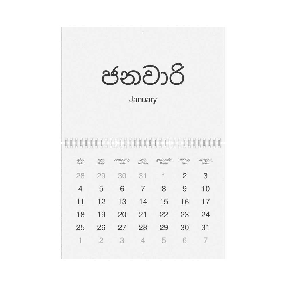 Leskoff 2026 Wall Calendar, Sinhala/English-Labeled, Sunday-Start Layout, Wire-Bound, 11.7 x 8.3 in (29.7 x 21.0 cm), image 1 of 1