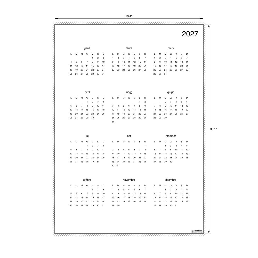 Leskoff 2027 Wall Calendar, Piedmontese-Labeled, Monday-Start Layout, Poster / Wall Print, 23.4 x 33.1 in (59.4 x 84.1 cm), image 2 of 2
