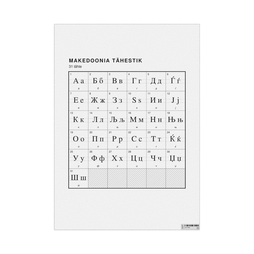 Leskoff Macedonian Alphabet Chart, 23.4 x 33.1 in (59.4 x 84.1 cm, Poster / Wall Chart), Estonian-Labeled, image 1 of 2