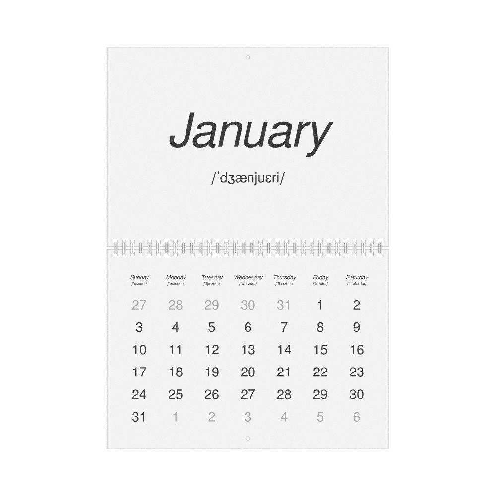 Leskoff 2027 Phonetic Wall Calendar, English-Labeled with IPA, Sunday-Start Layout, Wire-Bound, 11.7 x 8.3 in (29.7 x 21.0 cm), image 1 of 1