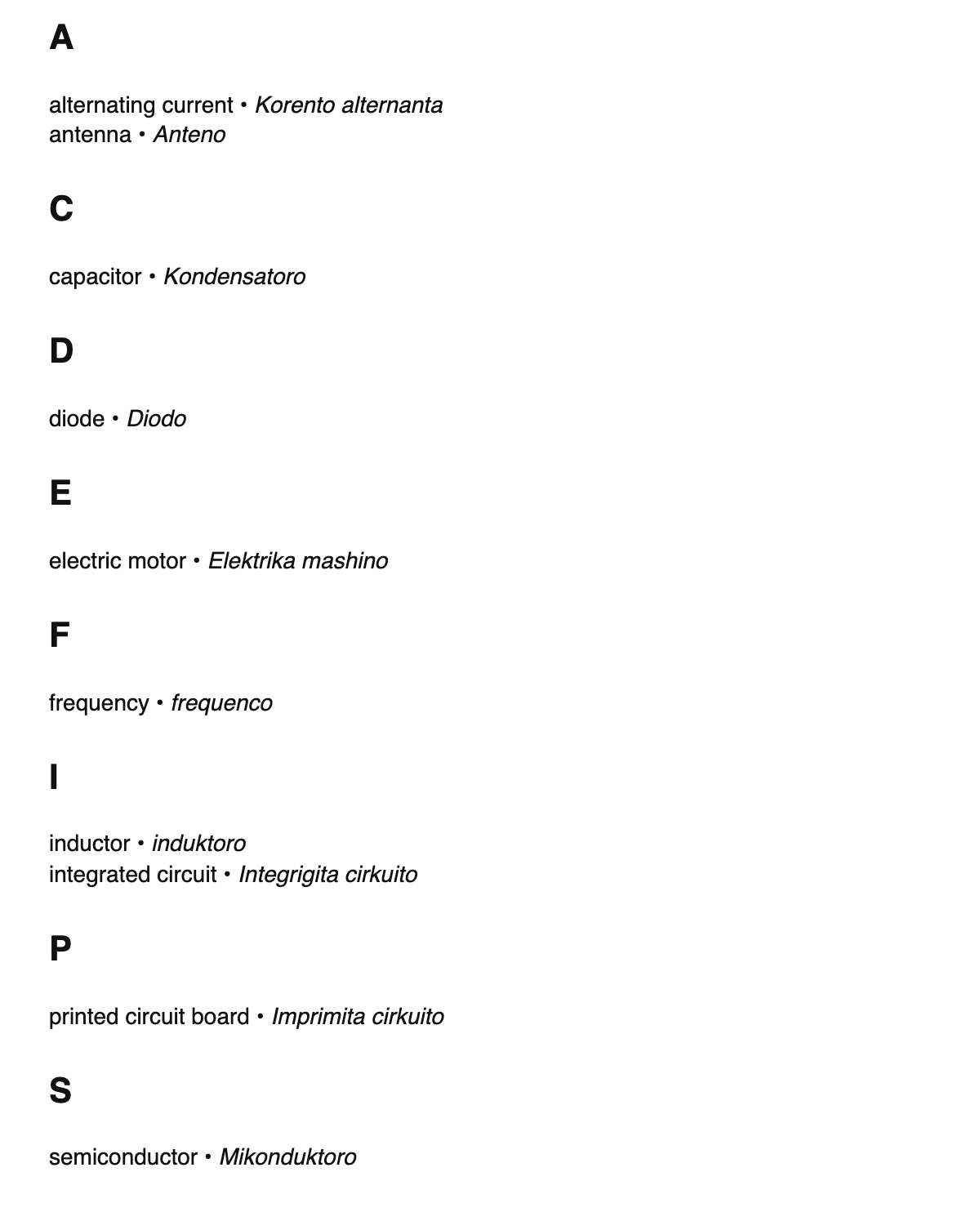 Electrical engineering terms in Ido