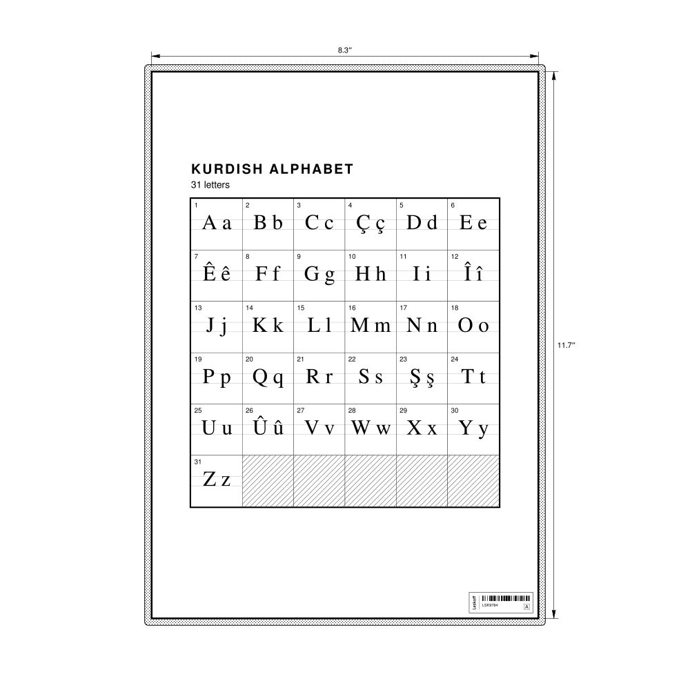 Leskoff Kurdish Alphabet Chart, 8.3 x 11.7 in (21.0 x 29.7 cm, Desk Chart, Laminated), image 1 of 2