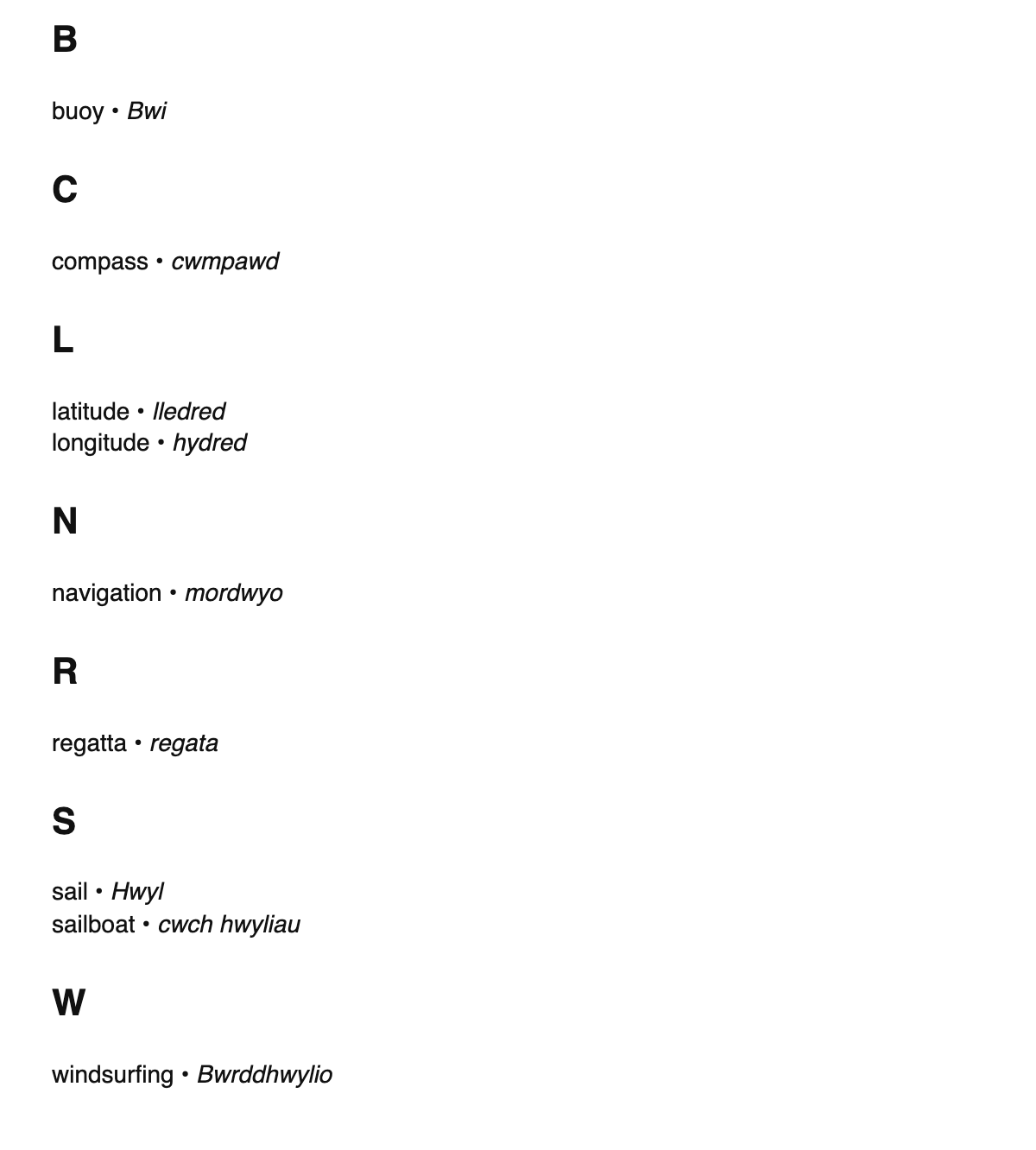 Sailing terms in Welsh