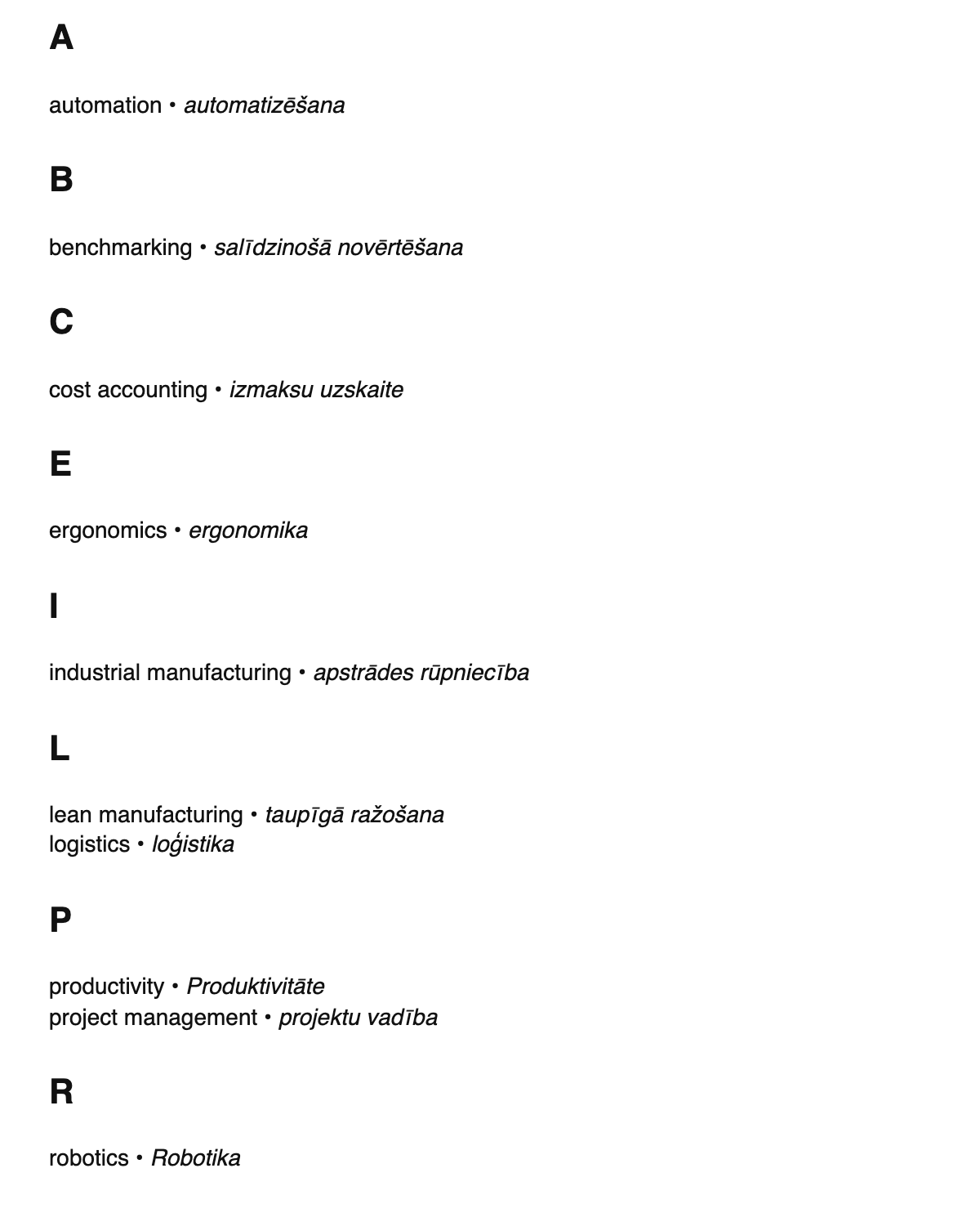 Industrial engineering terms in Latvian