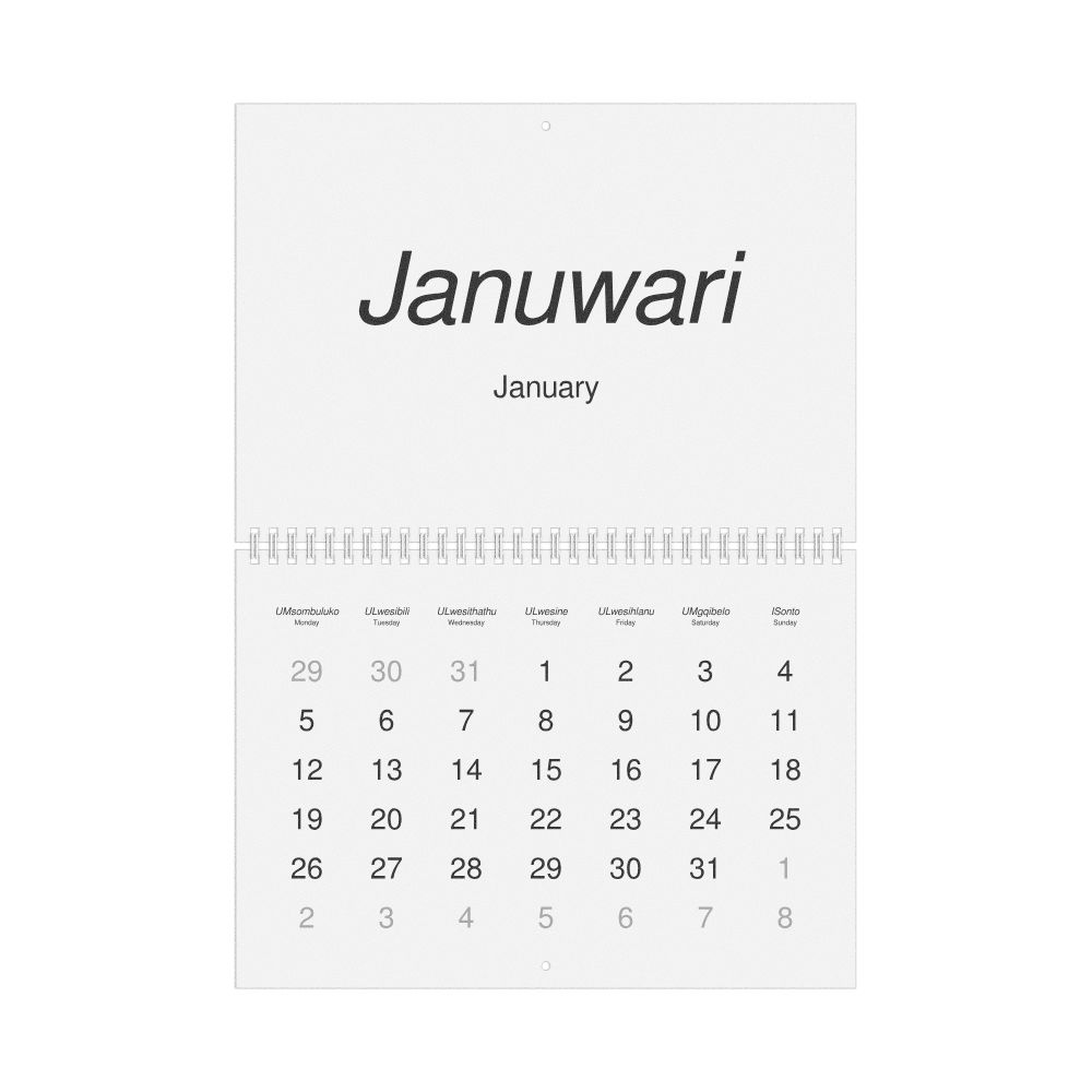 Leskoff 2026 Wall Calendar, Zulu/English-Labeled, Monday-Start Layout, Wire-Bound, 11.7 x 8.3 in (29.7 x 21.0 cm), image 1 of 1