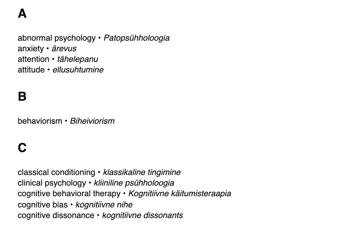 Psychology terms in Estonian