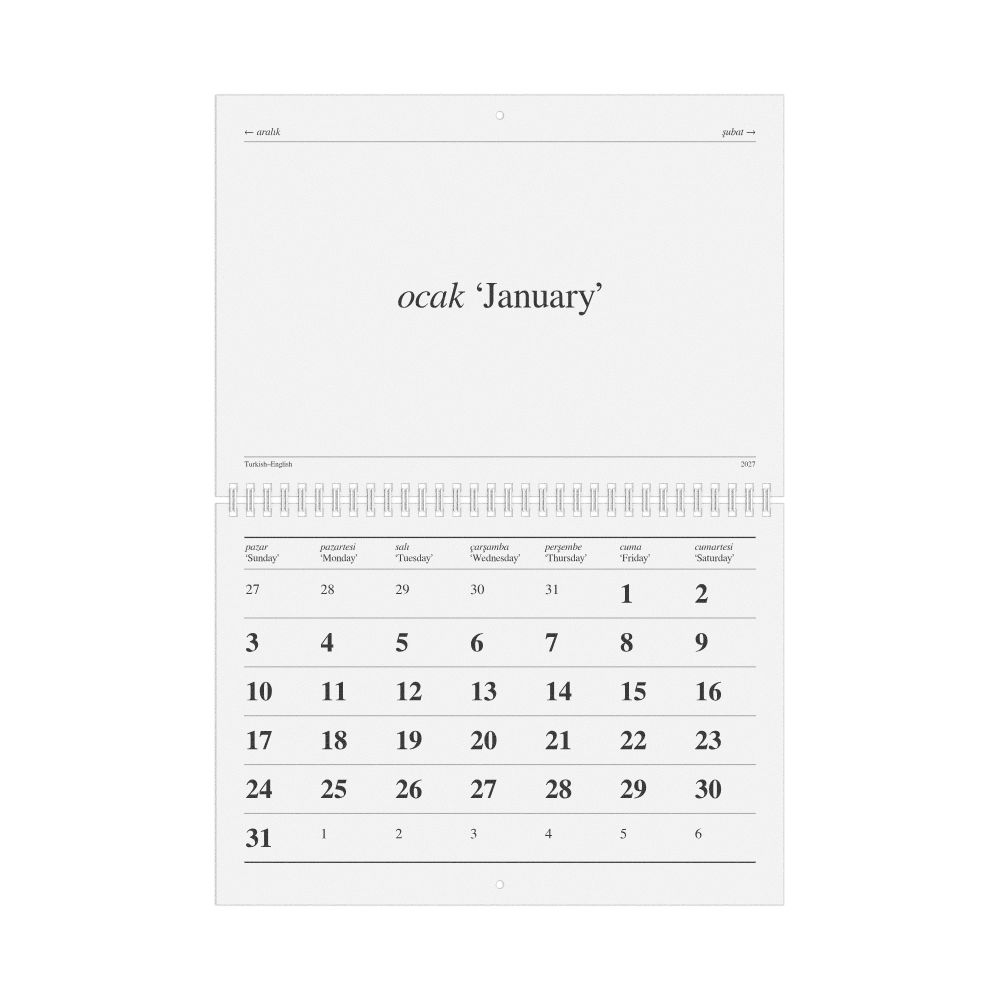 Leskoff 2027 Turkish-Language Calendar, Turkish/English-Labeled, Sunday-Start Layout, image 1 of 1