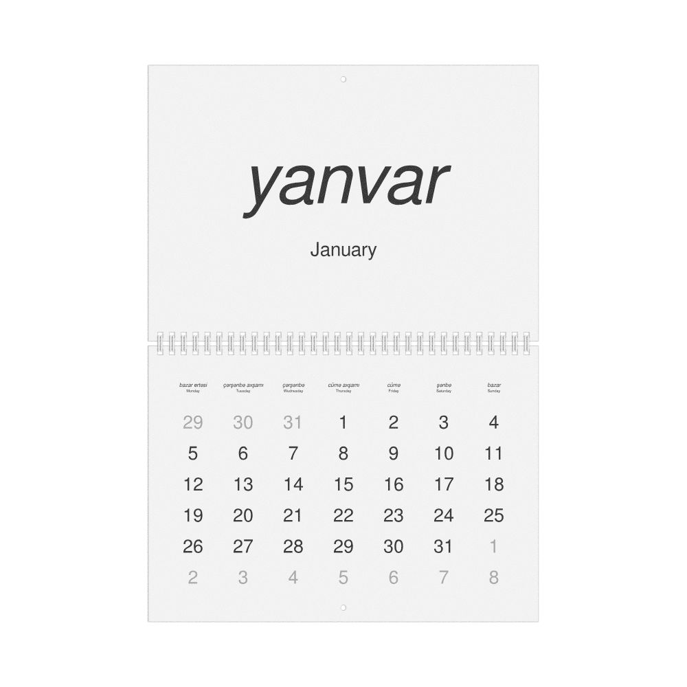 Leskoff 2026 Wall Calendar, Azerbaijani/English-Labeled, Monday-Start Layout, Wire-Bound, 11.7 x 8.3 in (29.7 x 21.0 cm), image 1 of 1