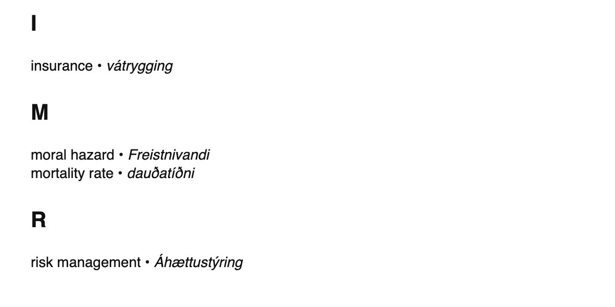 Insurance terms in Icelandic